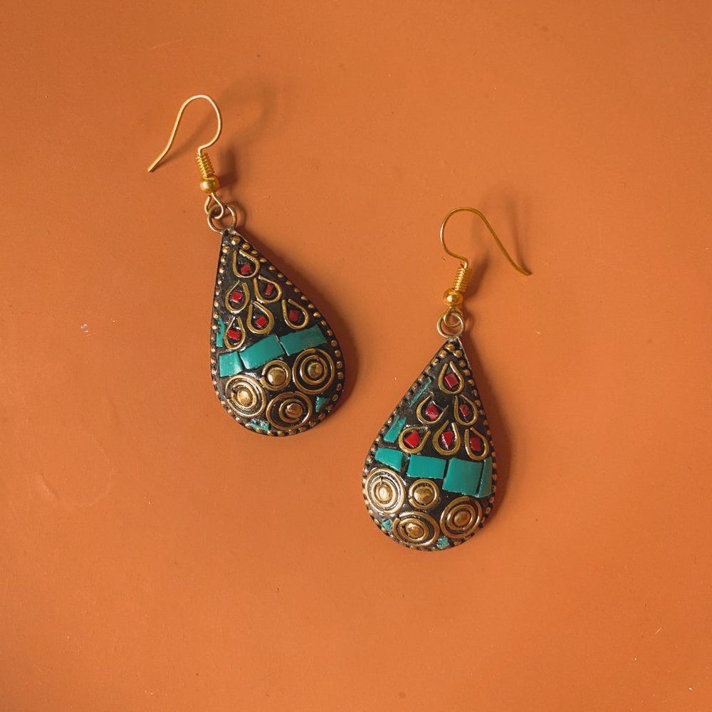 Tibetan Style Brass Clay Chip Mosaic Inlay Ethnic Tribal Teardrop Boho Earrings